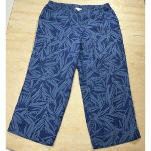 J Jill Pants Womens Medium Blue Floral 100% Linen Crop Capri Lagenlook  Pull On